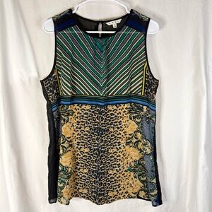 CAbi Woman’s Mixed Animal & Stripe Sleeveless Green Blue & Gold Tank Top — Large